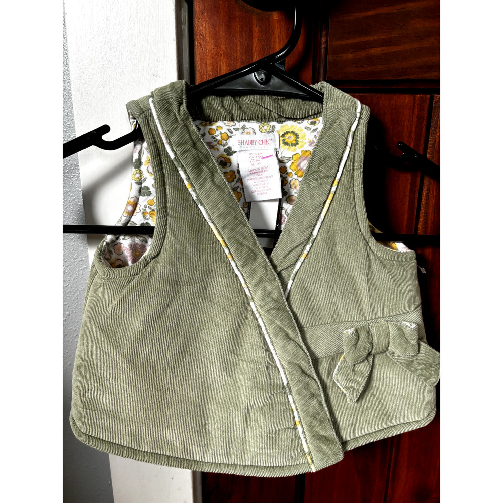 Shabby Chic Olive Corduroy Vest Baby Girls‎ 3-6M Floral Lining Bow Cottagecore